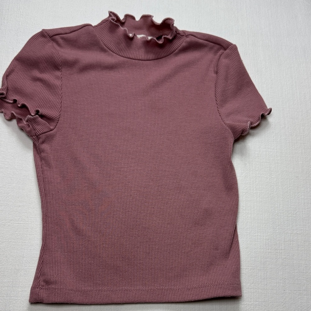 Mia Joy Girls Mauve Ribbed Lettuce Trim Mock Neck Short Sleeve Top Size 6